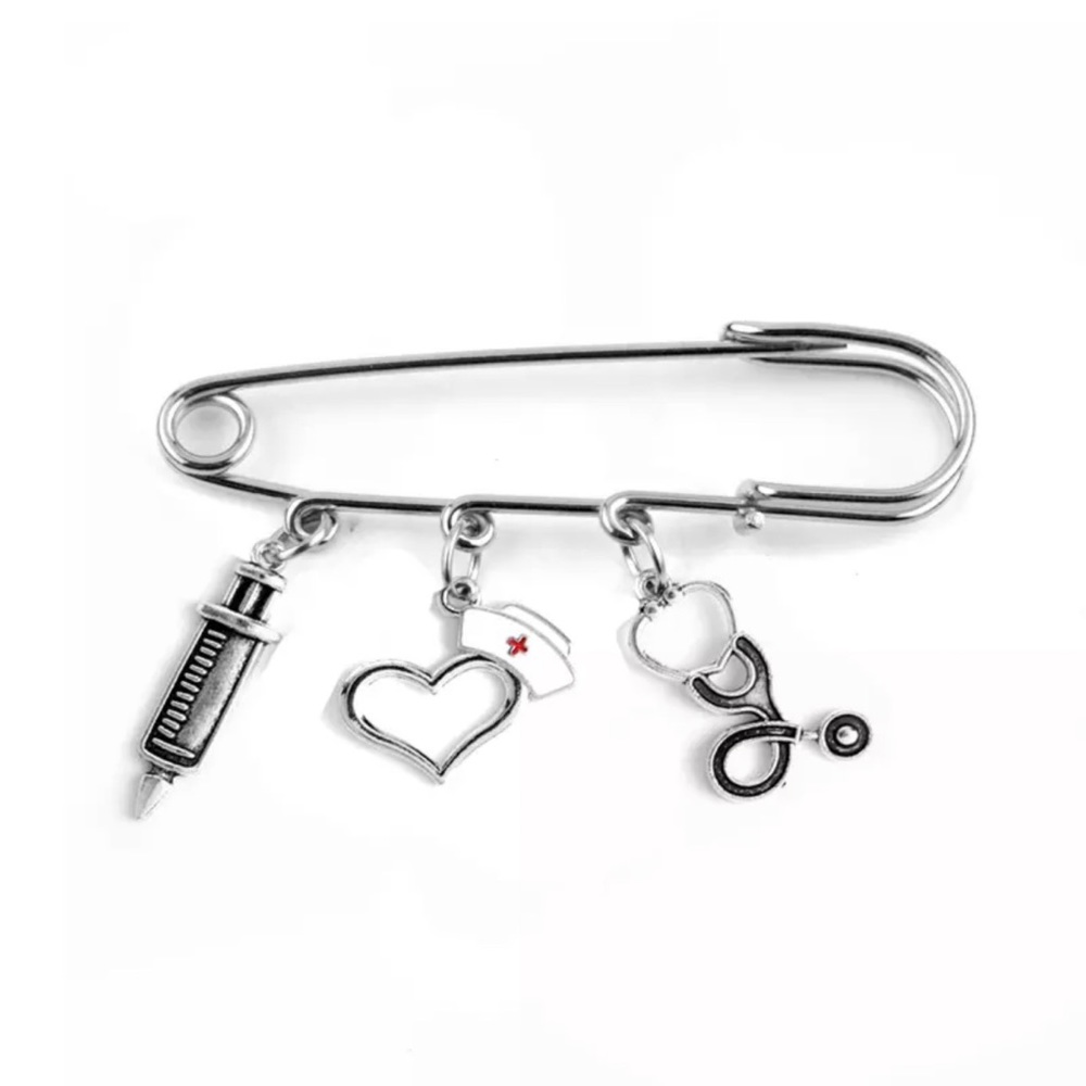 Retro Nurses Cap Syringe Stethoscope Lapel Pin Brooch